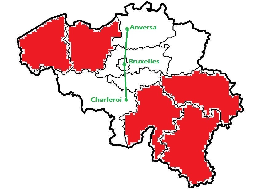 In rosso le regioni scioperanti, in verde il mio tragitto per Charleroi (fonti IPSOS/Paint)
